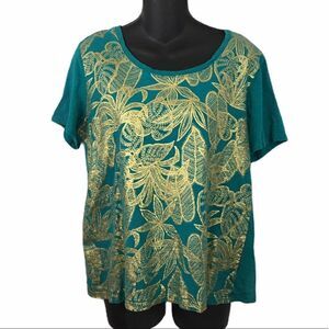 Coral Bay Gold Foiled Teal Short Sleeve Top Size Large